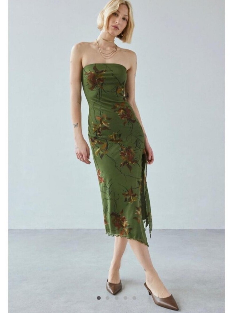 Urban Outfitters Olive Green Strapless Floral Maxi Dress